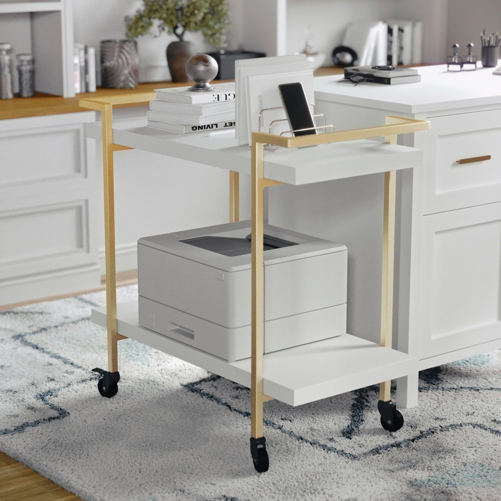 Martha Stewart Liam 2-Tier Office Storage And Printer Cart, White/Polished Brass MPN:NANJH17107WHGLD