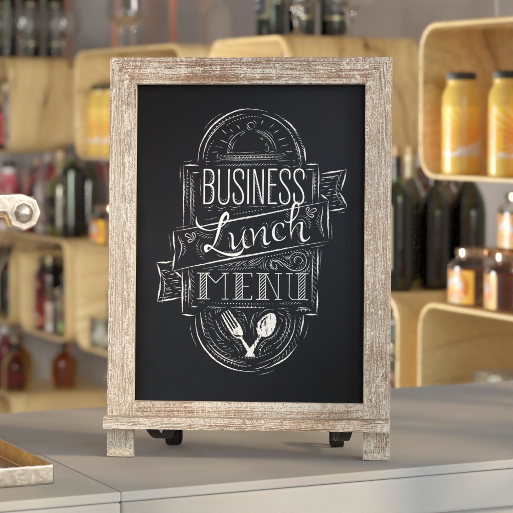 Flash Furniture Canterbury Tabletop Magnetic Chalkboard Sign With Scrolled Legs, Porcelain Steel, 17inH x 12inW x 1-7/8inD, Weathered Brown Wood Frame MPN:HFKHDGDI822315