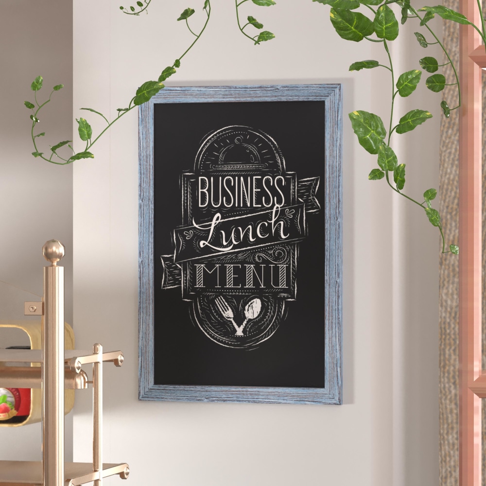 Flash Furniture Canterbury Wall-Mounted Magnetic Chalkboard Sign With Eraser, Porcelain Steel, 36inH x 24inW x 3/4inD, Blue Frame MPN:HGWA1GD072315