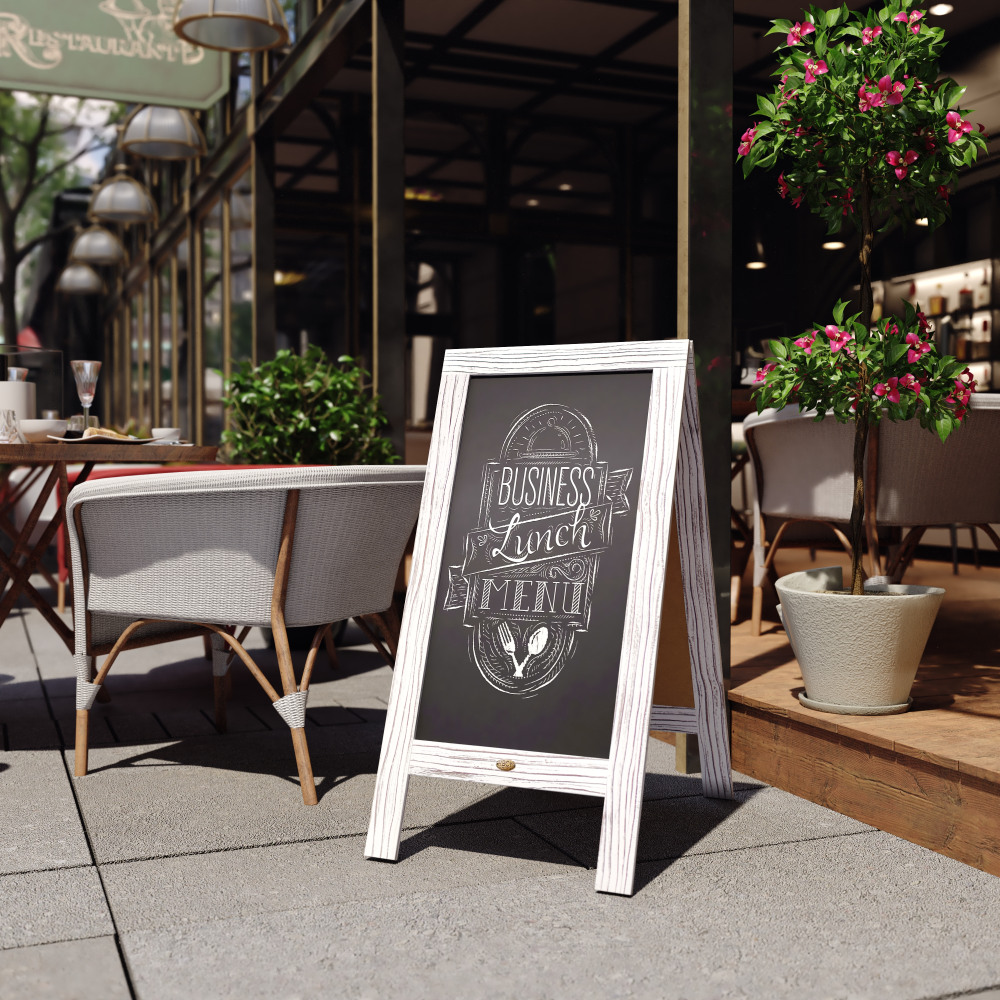 Flash Furniture Canterbury Vintage Wooden A-Frame Magnetic Indoor/Outdoor Chalkboard Sign, Porcelain Steel, 40in x 20in, White Wash Frame MPN:HGWAGDIS342315