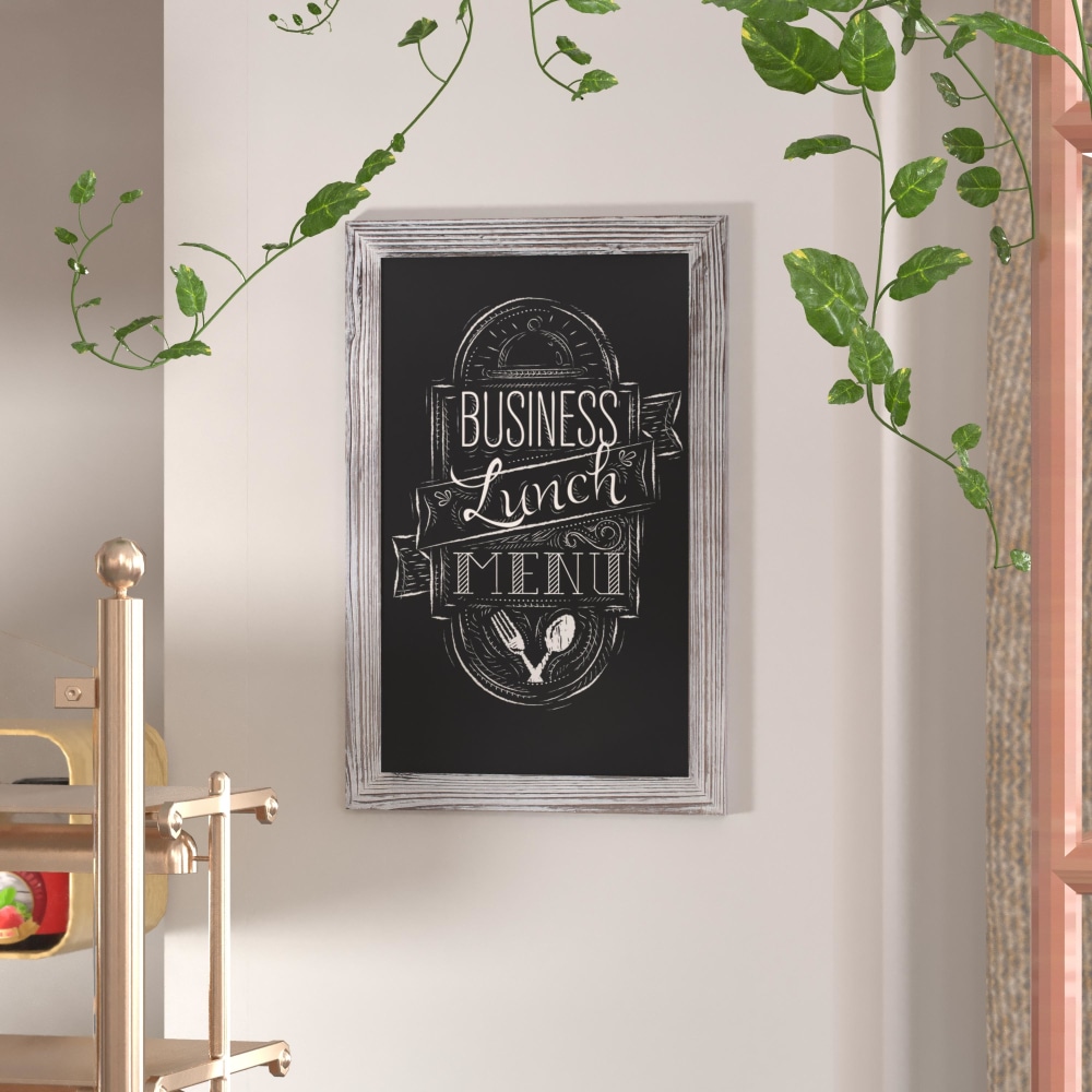 Flash Furniture Canterbury Wall-Mounted Magnetic Chalkboard Sign With Eraser, Porcelain Steel, 30inH x 20inW x 3/4inD, White Washed Frame MPN:HGWAGDIS362315