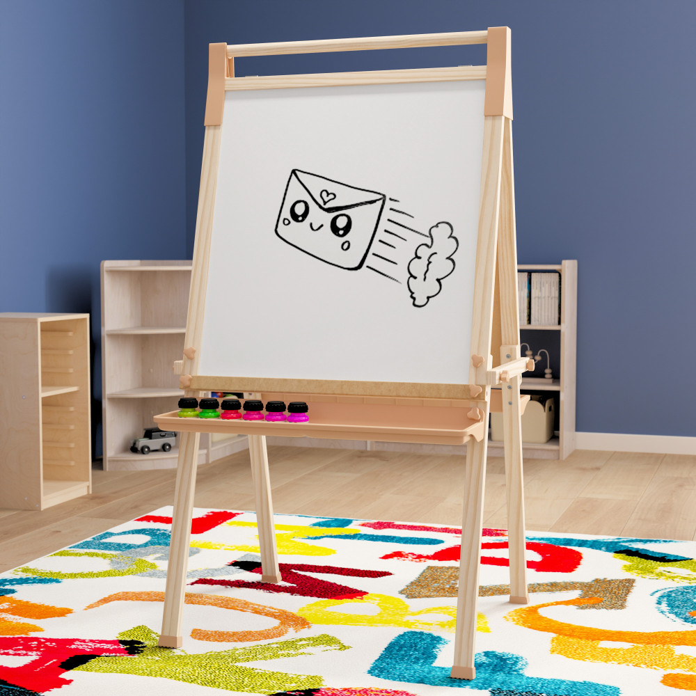 Flash Furniture Bright Beginnings Commercial Classroom Wood Freestanding Art Easel, 49inH x 28-1/2inW x 25-3/4inD, Beech - MKART9000 MPN:MKART9000