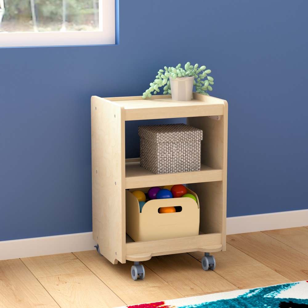 Flash Furniture Bright Beginnings Commercial Wood Mobile 3-Tier Storage Cart with Locking Caster Wheels, 25inH x 16inW x 16inD, Beech MPN:MKKE24084