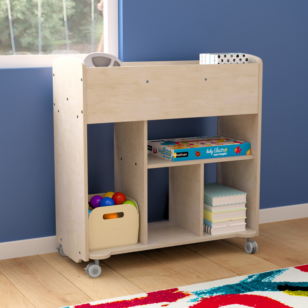 Flash Furniture Bright Beginnings Commercial Double-Sided Space Saving Wooden Mobile Storage Cart, 33-1/2inHx31-1/2inWx13inD, Beech - MKKE24244 MPN:MKKE24244