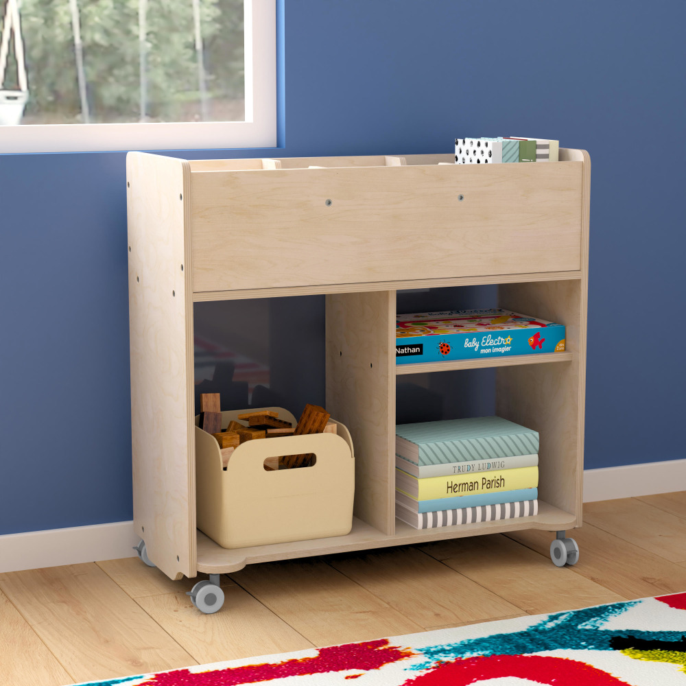 Flash Furniture Bright Beginnings Commercial Grade Double-Sided Space Saving Wooden Mobile Storage Cart, 33-1/2inHx31-1/2inWx13inD, Beech - MKKE24268 MPN:MKKE24268