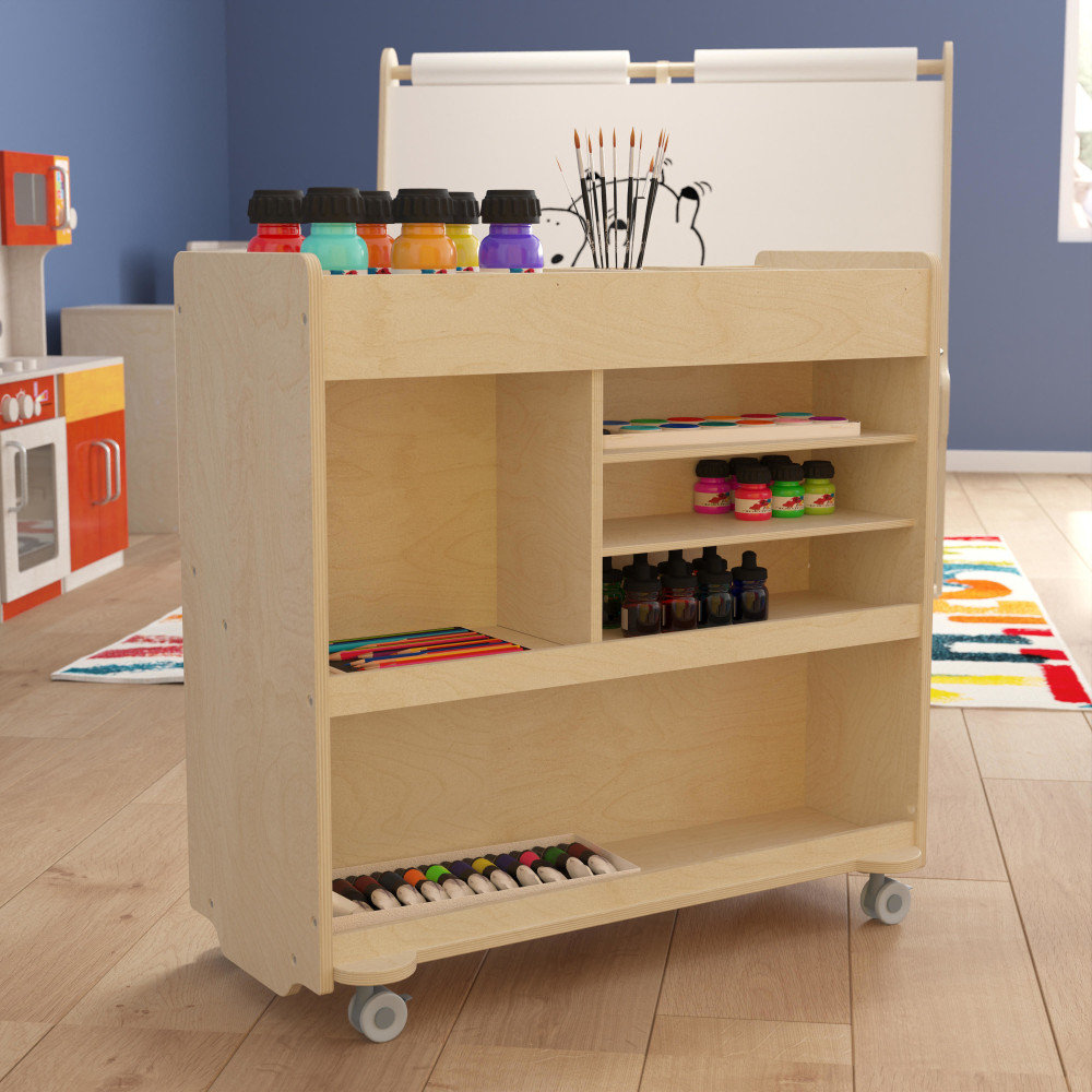 Flash Furniture Bright Beginnings Commercial Wood Mobile Storage Cart, 31-3/4inHx33inWx15-3/4inD, Beech - MKME08190 MPN:MKME08190