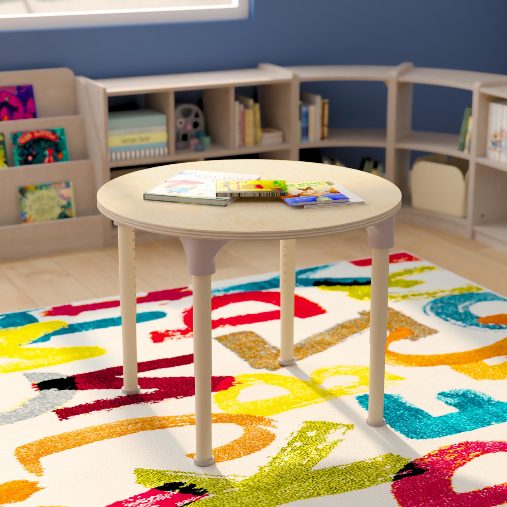 Flash Furniture Bright Beginnings Round Commercial Grade Wooden Adjustable Height Classroom Activity Table, 23inH x 33inW x 33inD, Beech MPN:MKME088021