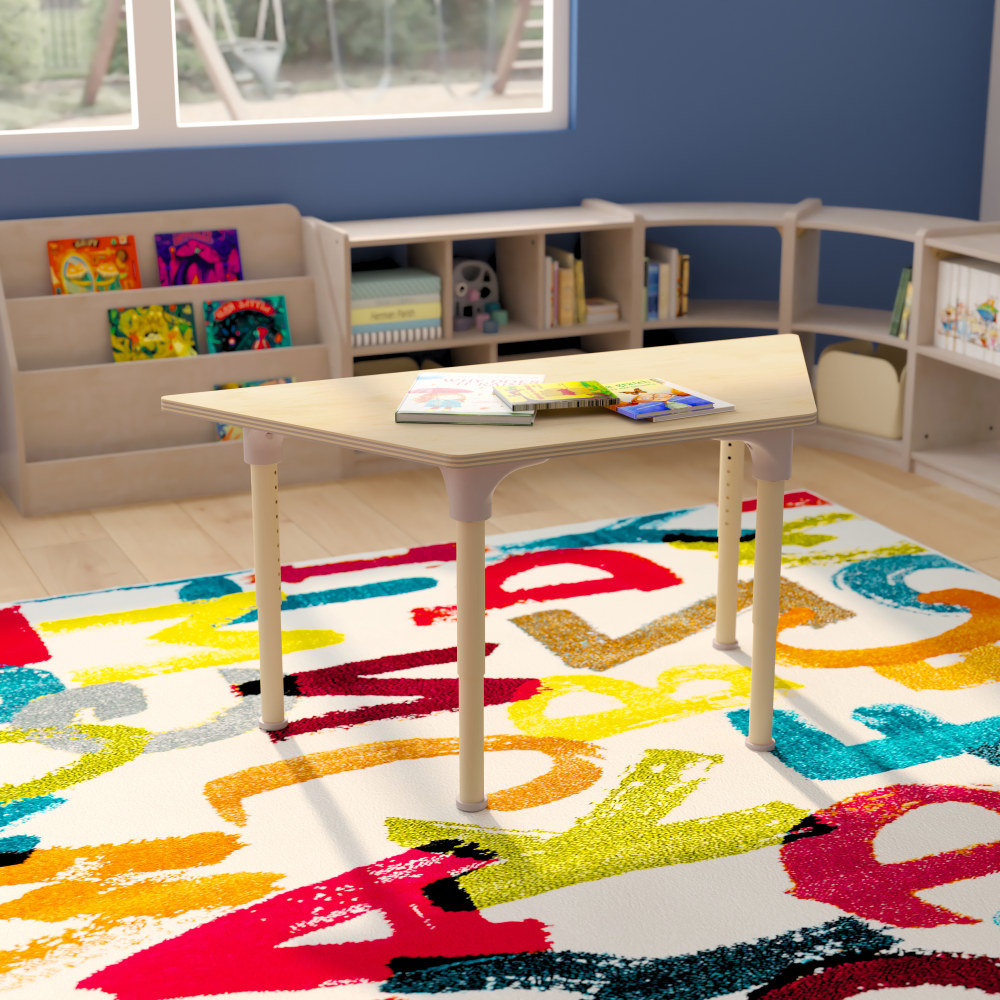 Flash Furniture Bright Beginnings Commercial Grade Wooden Trapezoid Adjustable Height Classroom Activity Table, 23inH x 20-3/4inW x 47inD, Beech MPN:MKME088027