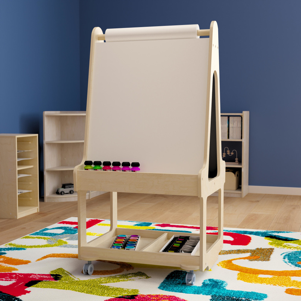 Flash Furniture Bright Beginnings Commercial Wood Dual-Sided Mobile 2-Person Art Station, 48-1/4inH x 24-1/2inW x 22inD, Beech - MKME16768 MPN:MKME16768