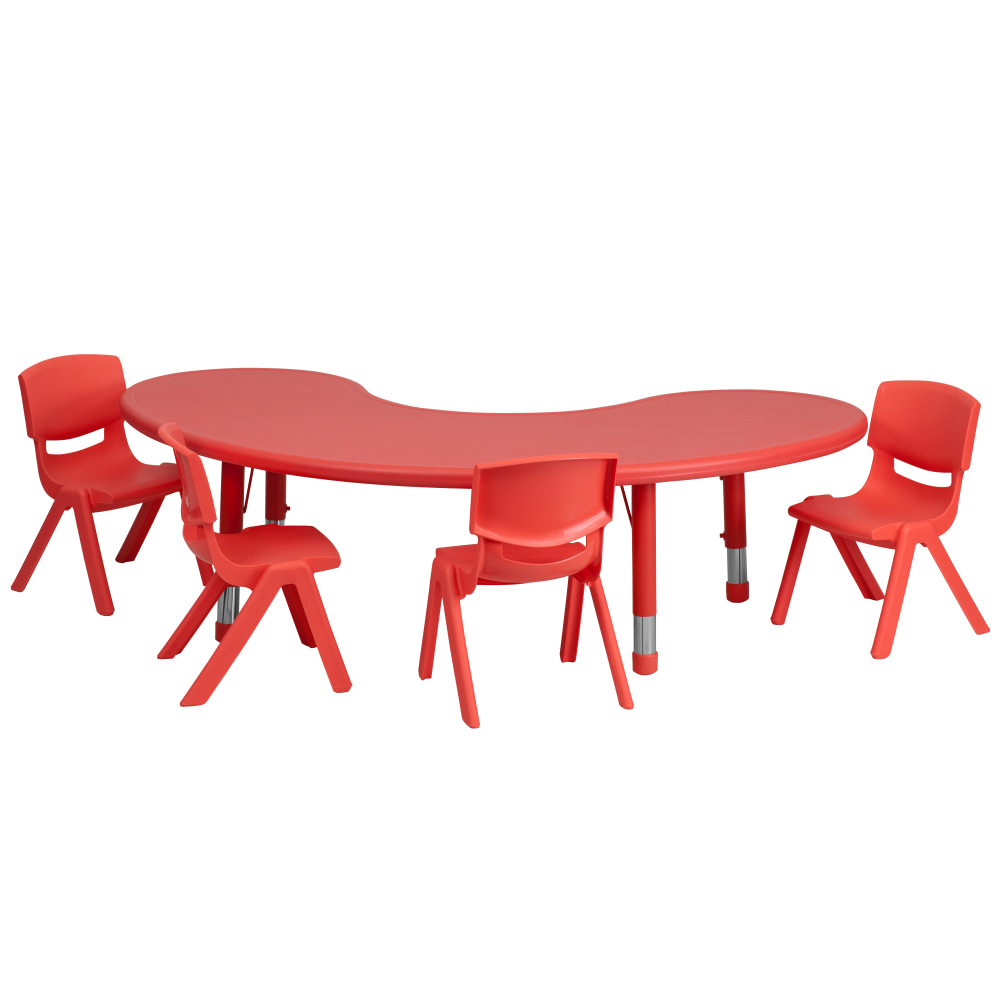 Flash Furniture Half-Moon Plastic Height-Adjustable Activity Table Set With 4 Chairs, 23-3/4inH x 35inW x 65inD, Red MPN:YCX43MOONTBLRDE