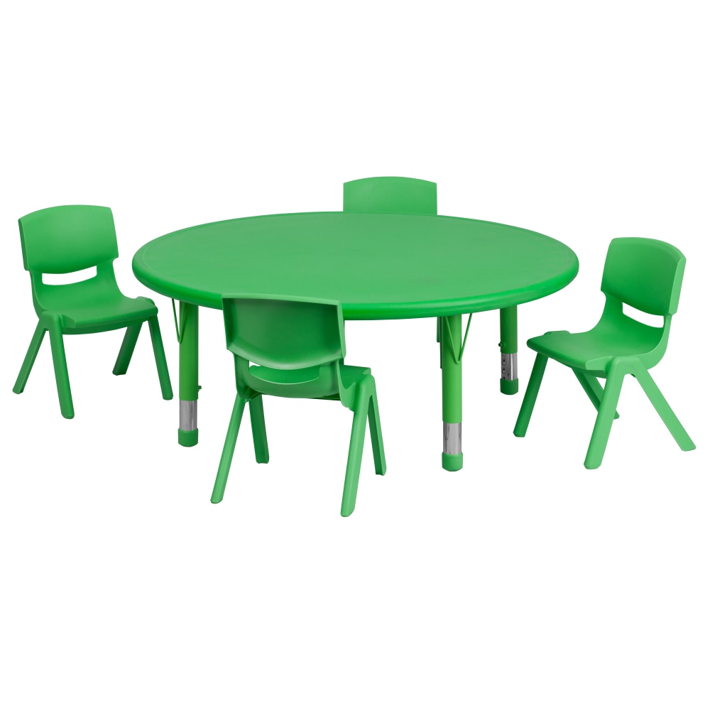 Flash Furniture Round Plastic Height-Adjustable Activity Table Set With 4 Chairs, 23-3/4inH x 45inW x 45inD, Green MPN:YCX53RNDTBLGNE