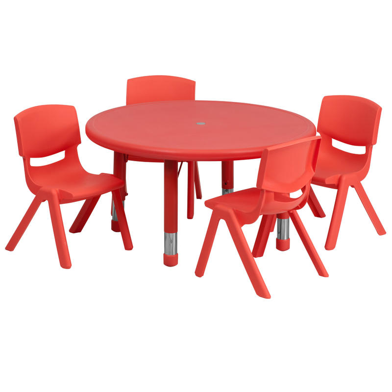 Flash Furniture Round Plastic Height-Adjustable Activity Table Set With 4 Chairs, 23-3/4in x 33in, Red MPN:YCX73RNDTBLREDE