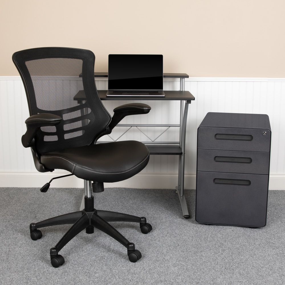 Flash Furniture Work From Home Desk And Chair Set With Computer Desk, Ergonomic Mesh/LeatherSoft Office Chair And Locking Mobile Filing Cabinet, Black MPN:BLNCLIFAPX5LBK