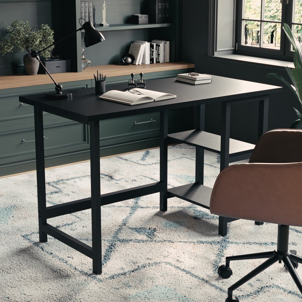 Martha Stewart Beckett 47.5inW Home Office Trestle Computer Desk With Shelves, Black Wood Grain MPN:BLNFYHY1071BK