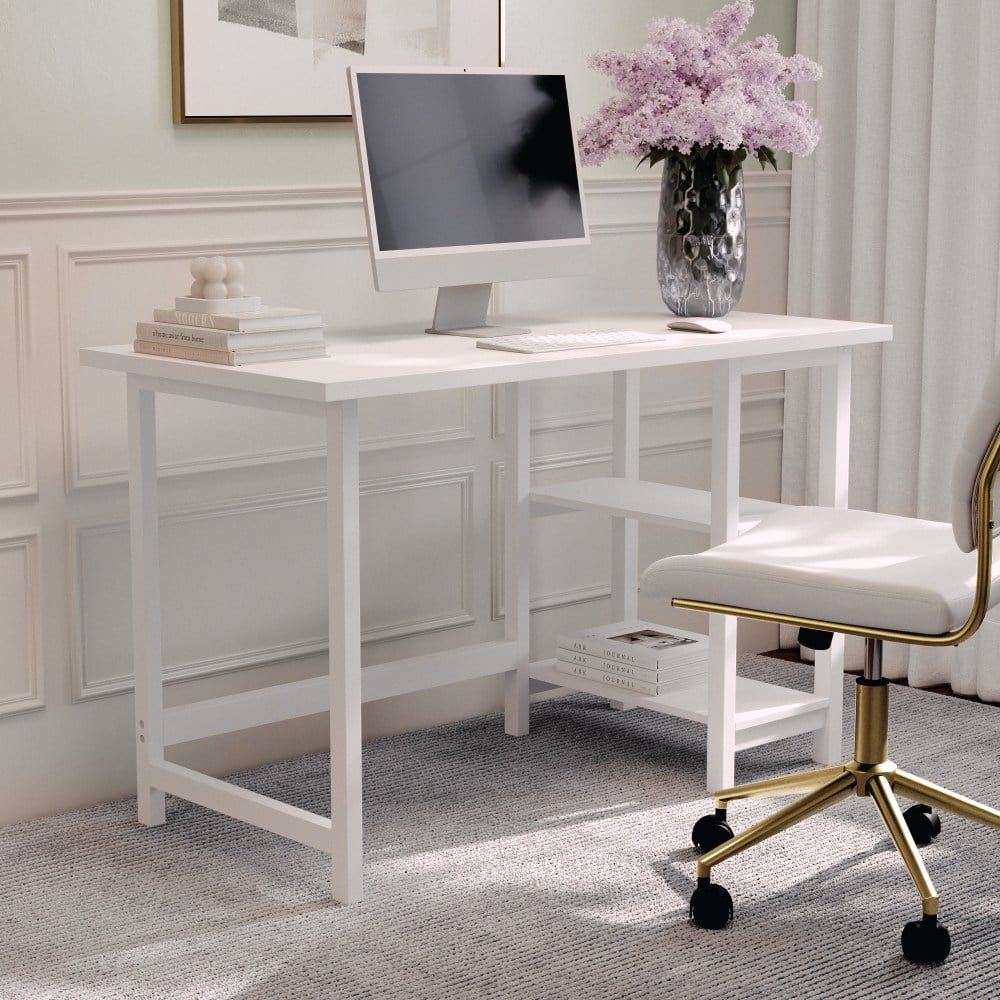 Martha Stewart Beckett 47.5inW Home Office Trestle Computer Desk With Shelves, White Wood Grain MPN:BLNFYHY1071WH
