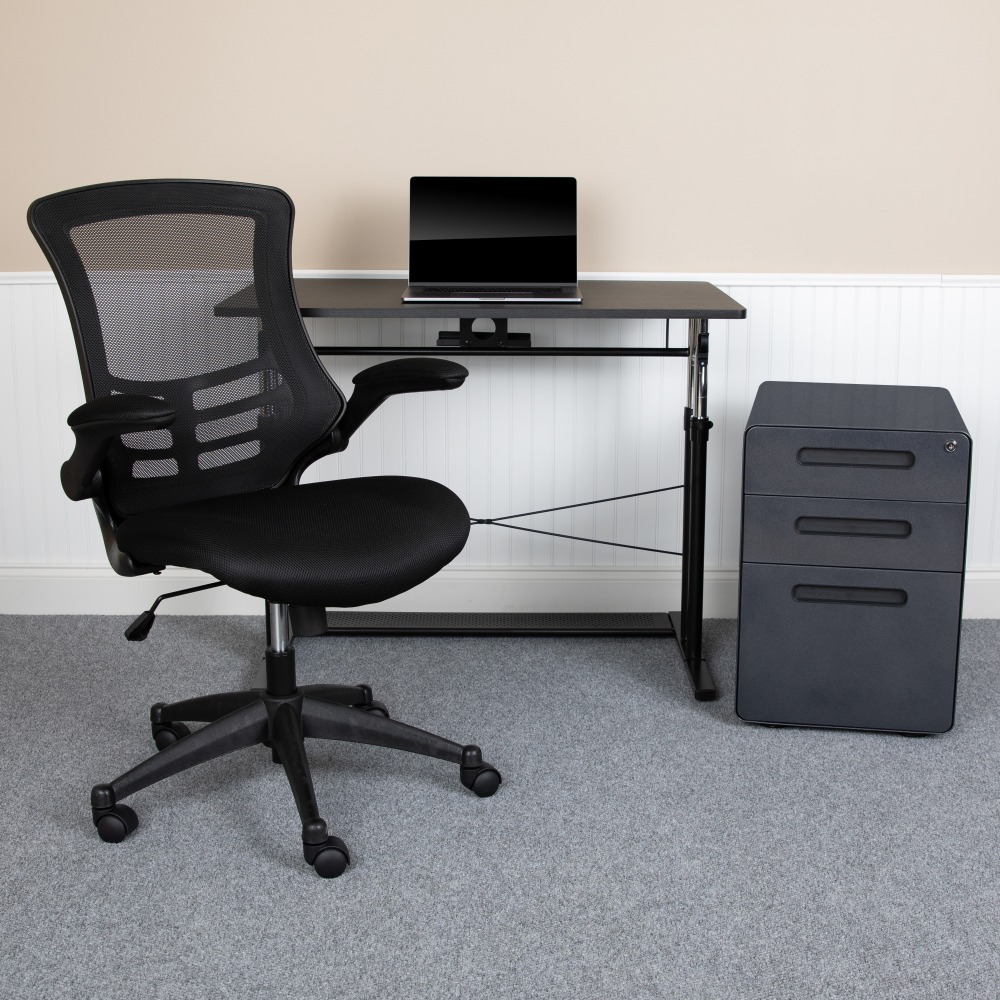 Flash Furniture Work From Home Desk/Chair Set With Adjustable Computer Desk, Ergonomic Mesh Chair/Mobile Filing Cabinet, Black, BLNNAN21APX5LBK MPN:BLNNAN21APX5LBK