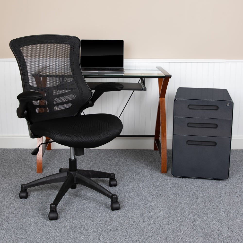 Flash Furniture Work From Home Desk And Chair Set With Glass Desk, Ergonomic Mesh Office Chair And Filing Cabinet, Black, BLNNAN28APX5BK MPN:BLNNAN28APX5BK