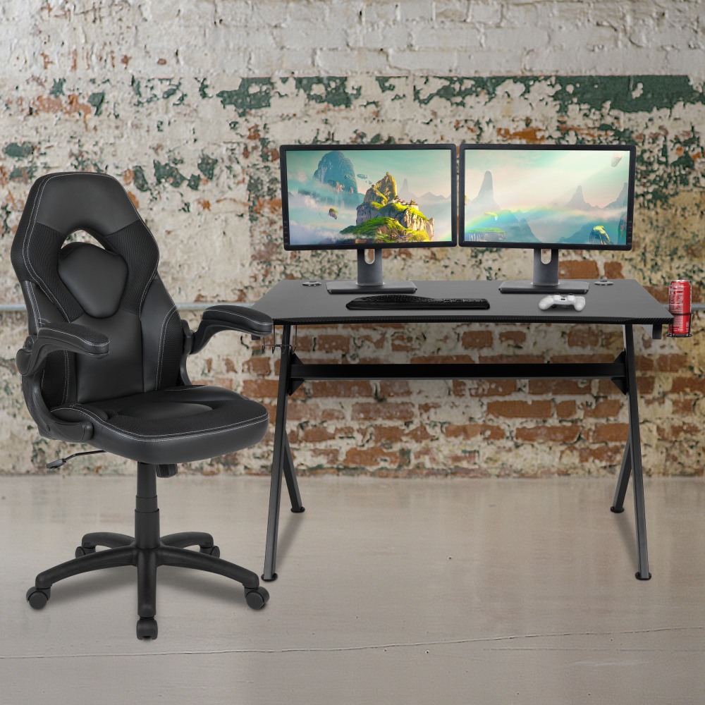 Flash Furniture Gaming Desk And Racing Chair Set With Cup Holder, Headphone Hook & 2 Wire Management Holes, Black MPN:BLNX10D1904BK
