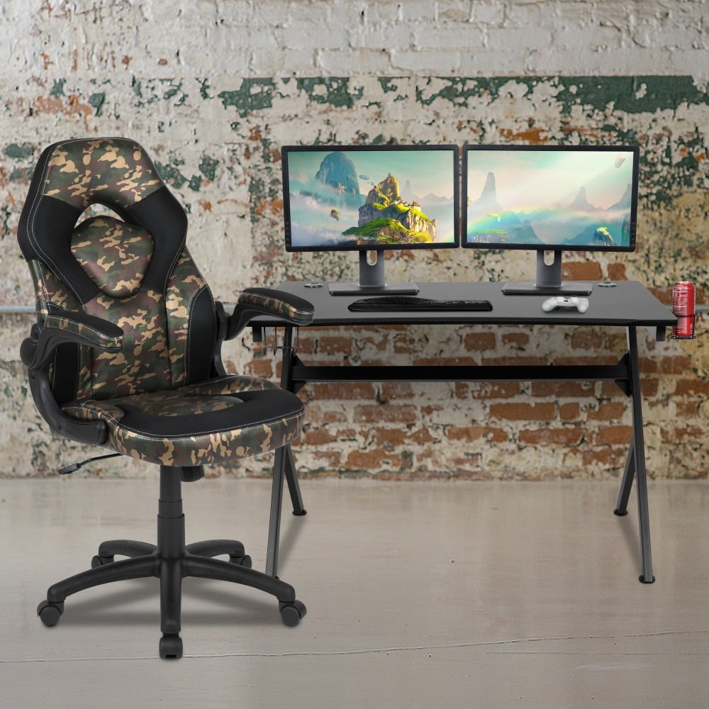 Flash Furniture Gaming Desk And Racing Chair Set With Cup Holder, Headphone Hook & 2 Wire Management Holes, Camouflage MPN:BLNX10D1904CAM