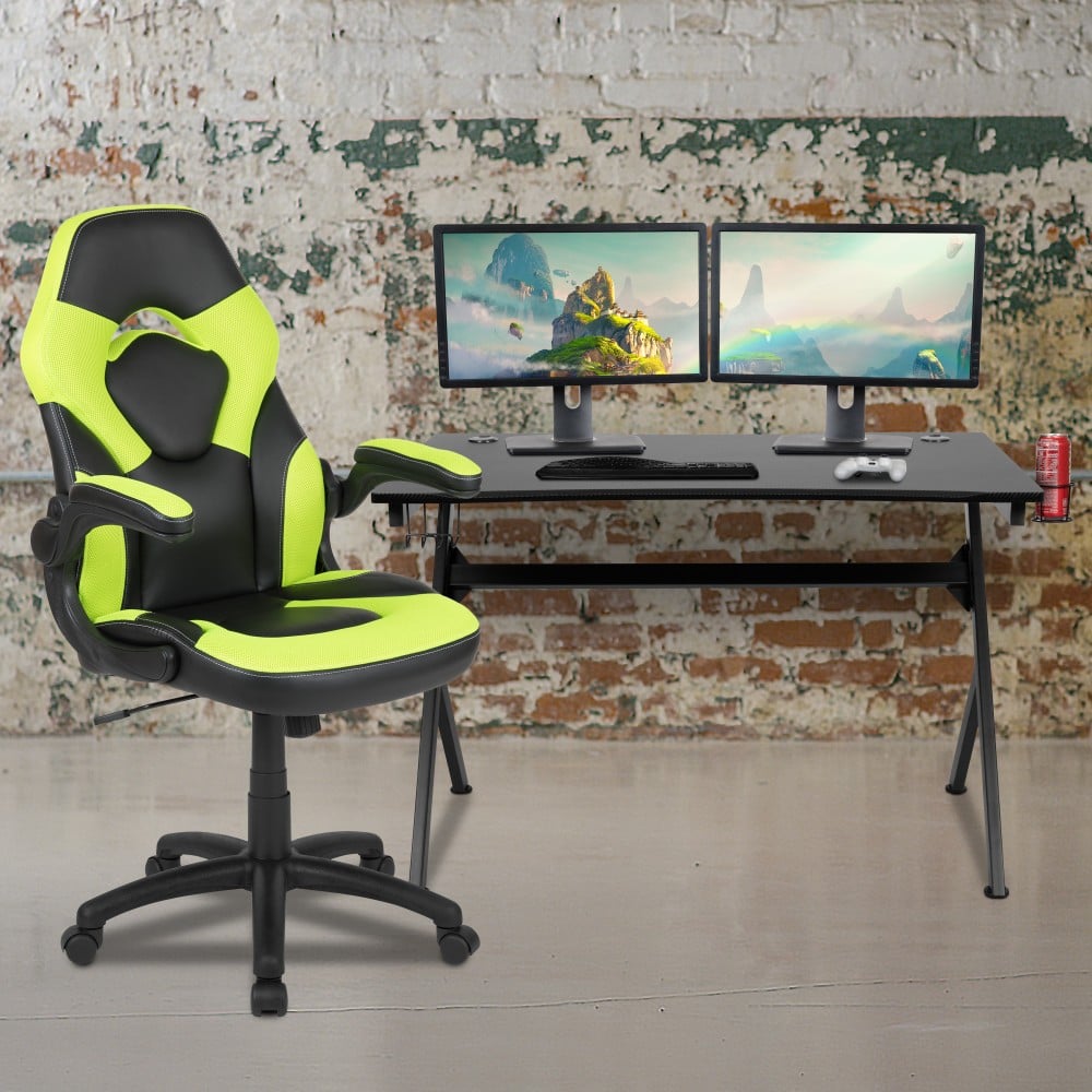 Flash Furniture Gaming Desk And Racing Chair Set With Cup Holder, Headphone Hook & 2 Wire Management Holes, Green MPN:BLNX10D1904GN