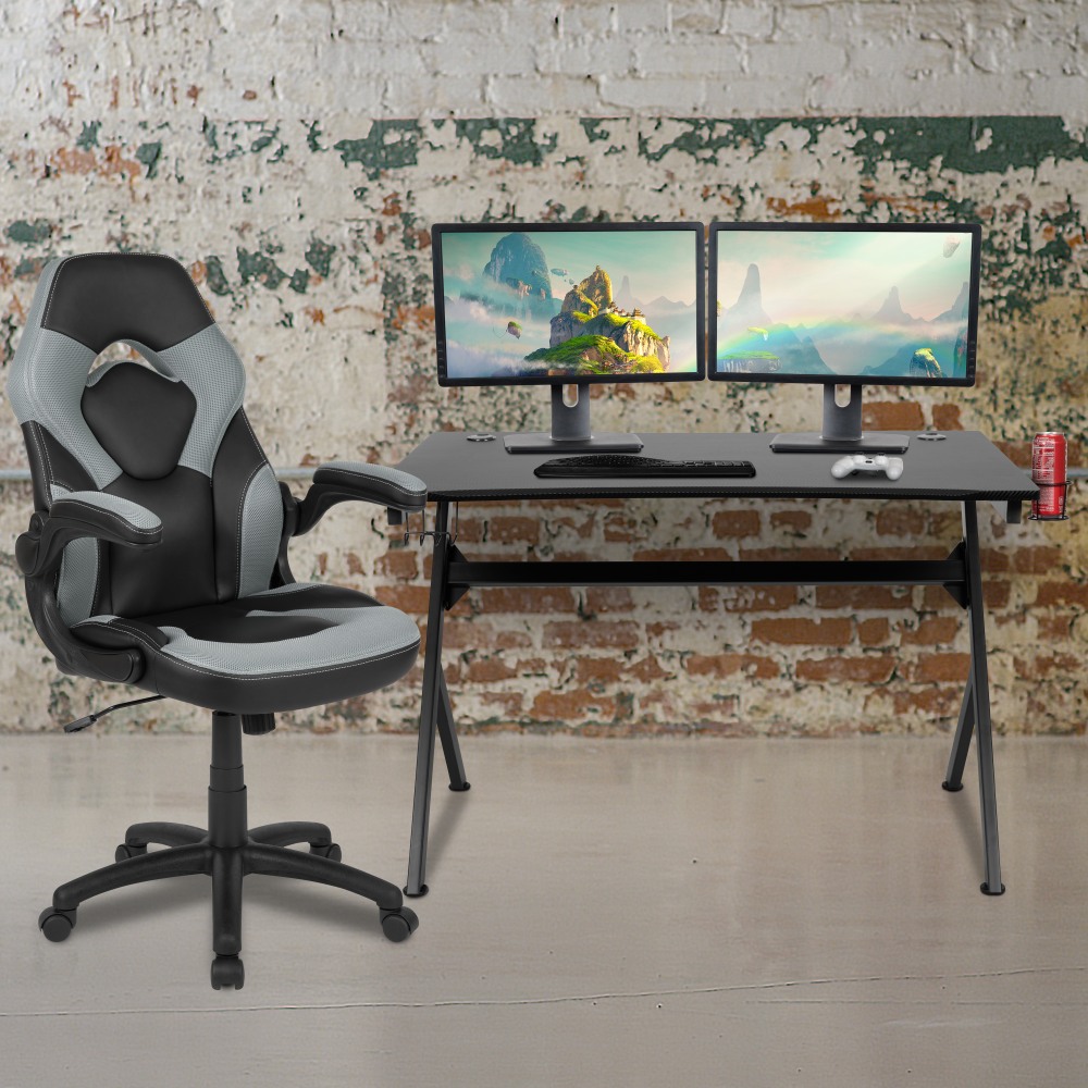 Flash Furniture Gaming Desk And Racing Chair Set With Cup Holder, Headphone Hook & 2 Wire Management Holes, Gray MPN:BLNX10D1904GY