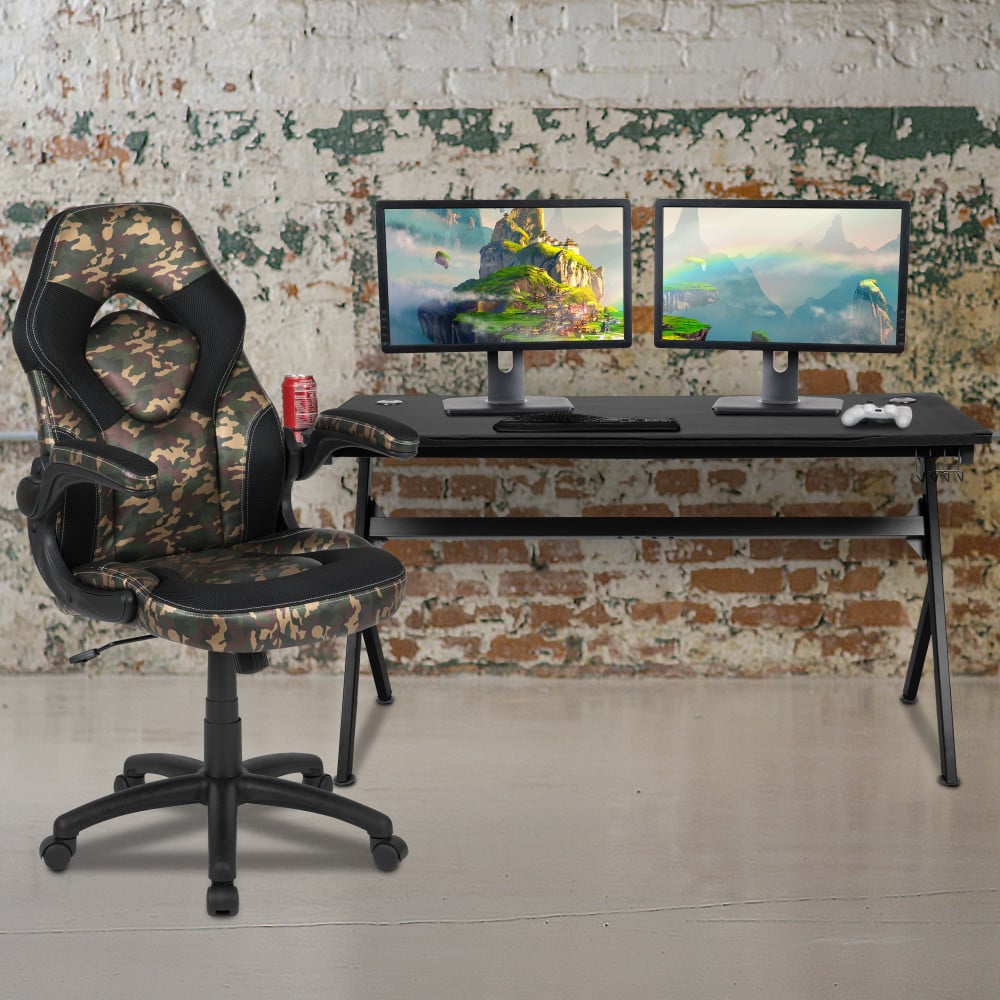 Flash Furniture Gaming Desk And Racing Chair Set With Cup Holder, Headphone Hook & Removable Mouse Pad Top, Camouflage MPN:BLNX10D1904LCAM