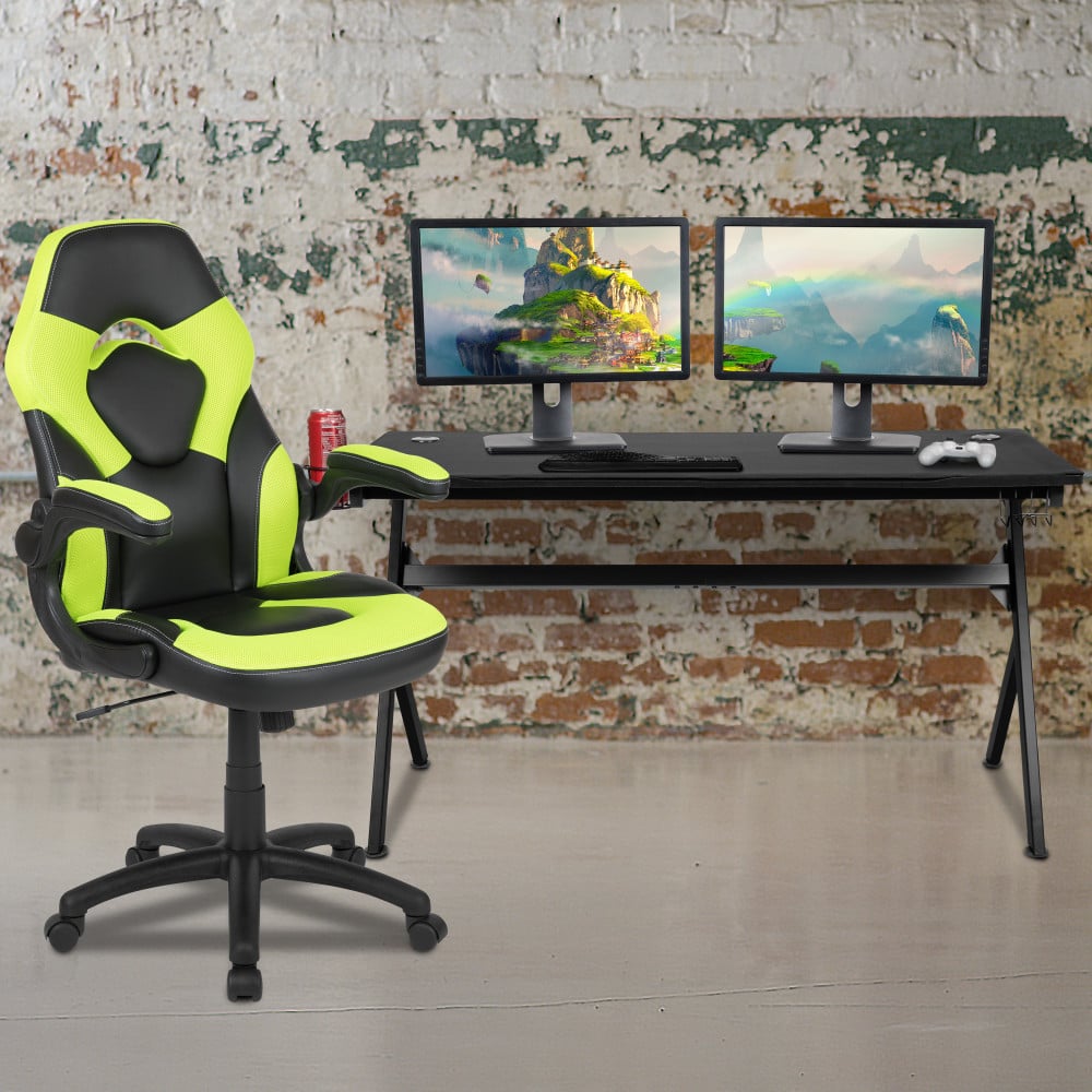 Flash Furniture Gaming Desk And Racing Chair Set With Cup Holder, Headphone Hook & Removable Mouse Pad Top, Green MPN:BLNX10D1904LGN