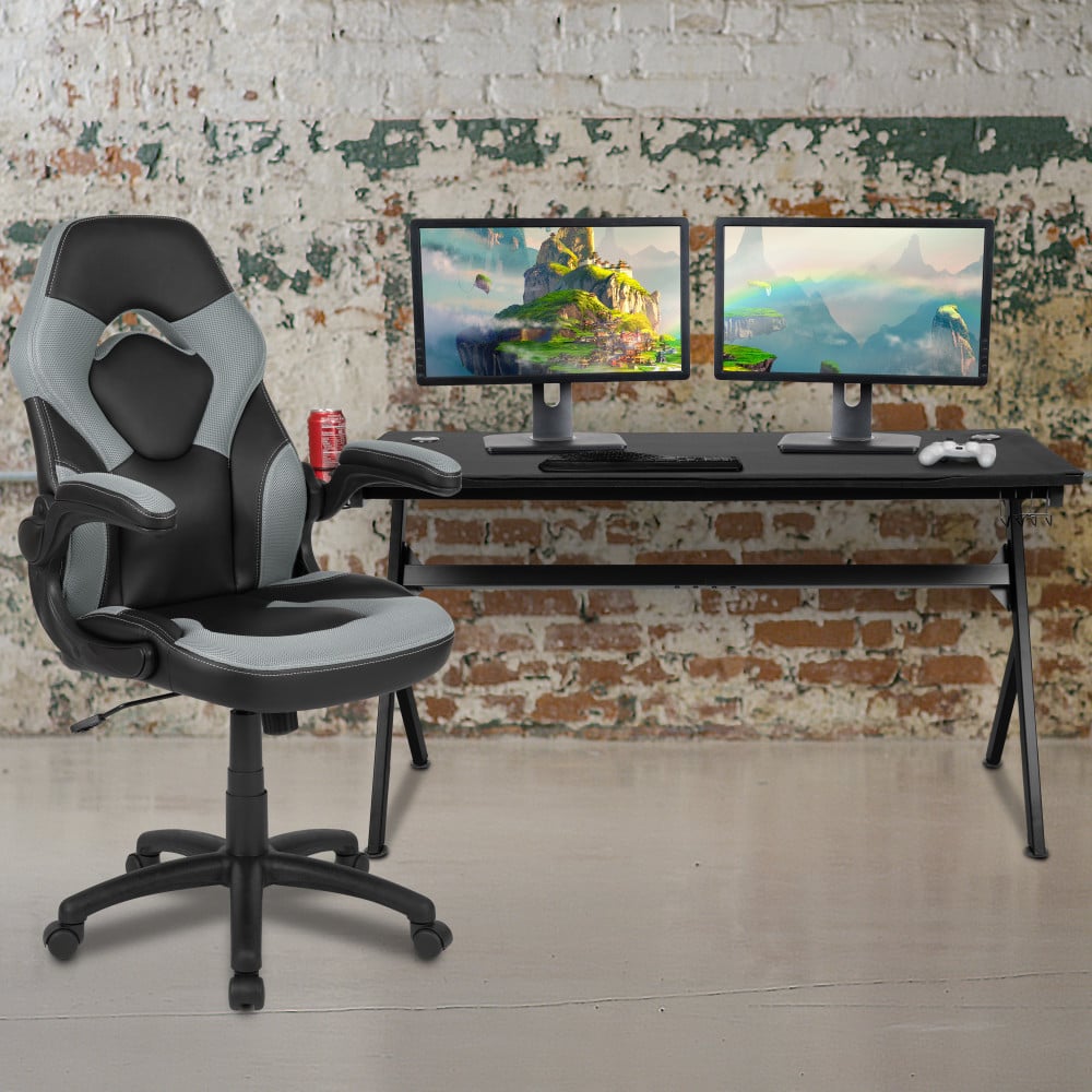 Flash Furniture Gaming Desk And Racing Chair Set With Cup Holder, Headphone Hook & Removable Mouse Pad Top, Gray MPN:BLNX10D1904LGY