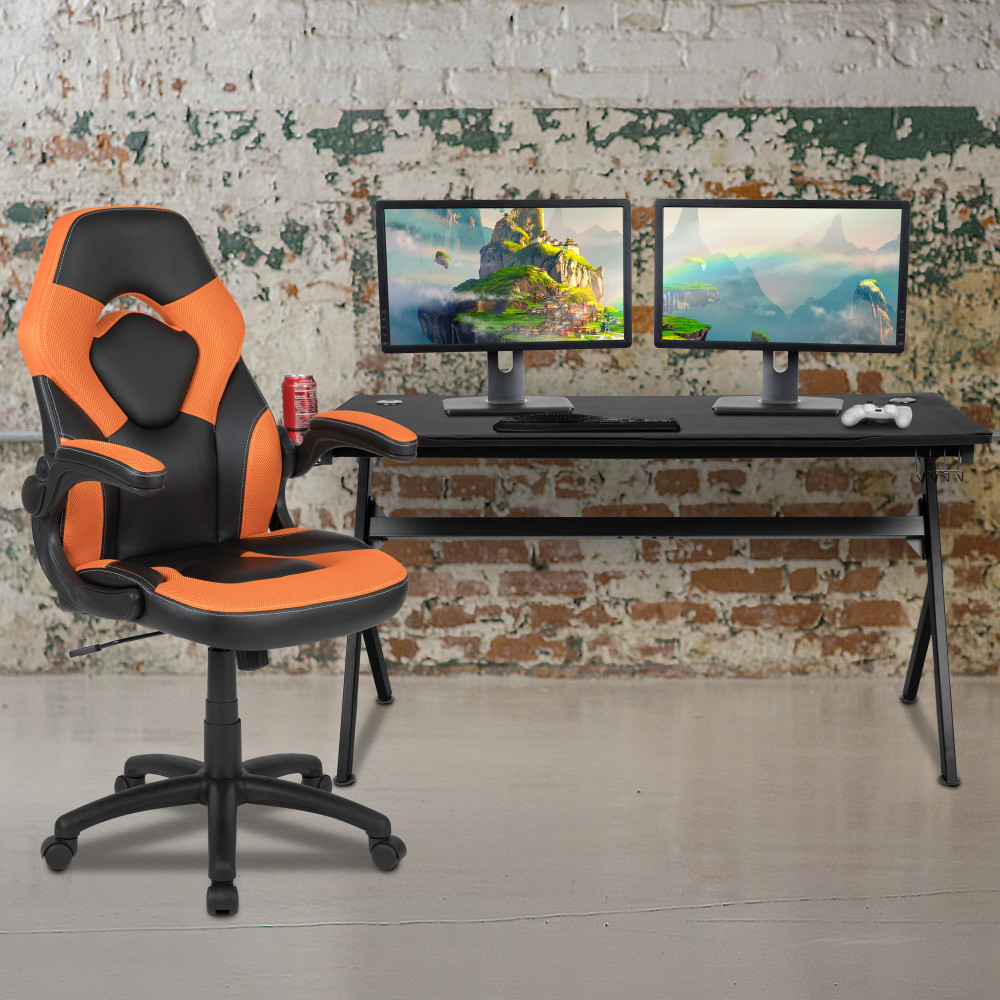 Flash Furniture Gaming Desk And Racing Chair Set With Cup Holder, Headphone Hook & Removable Mouse Pad Top, Orange MPN:BLNX10D1904LOR