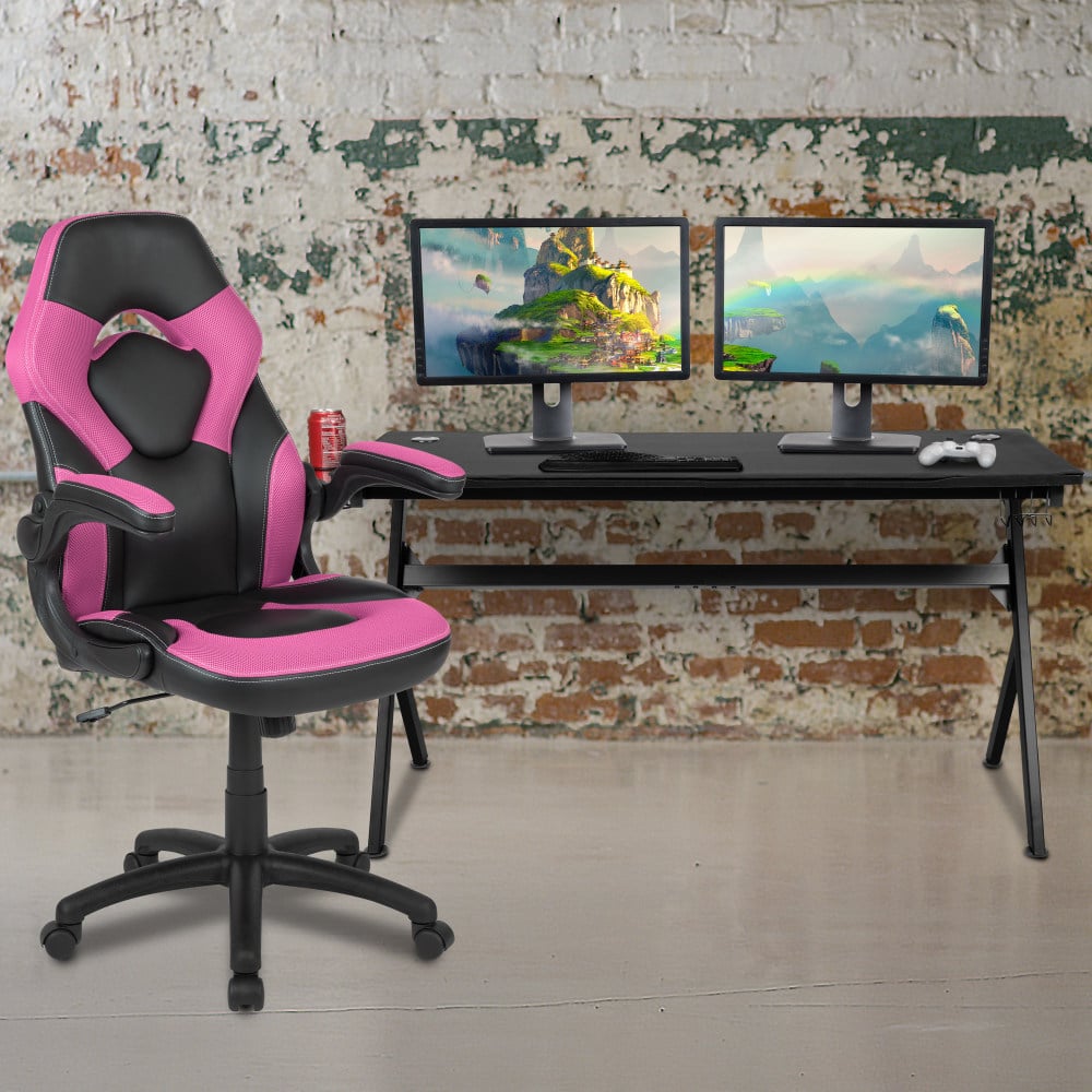 Flash Furniture Gaming Desk And Racing Chair Set With Cup Holder, Headphone Hook & Removable Mouse Pad Top, Pink MPN:BLNX10D1904LPK