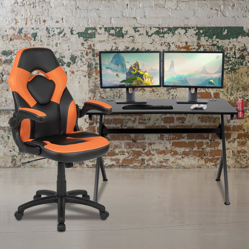 Flash Furniture Gaming Desk And Racing Chair Set With Cup Holder, Headphone Hook & 2 Wire Management Holes, Orange MPN:BLNX10D1904OR