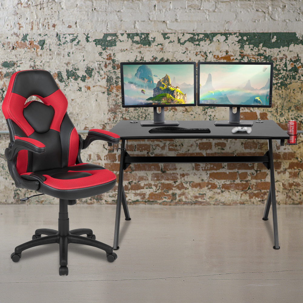 Flash Furniture Gaming Desk And Racing Chair Set With Cup Holder, Headphone Hook & 2 Wire Management Holes, Red MPN:BLNX10D1904RD