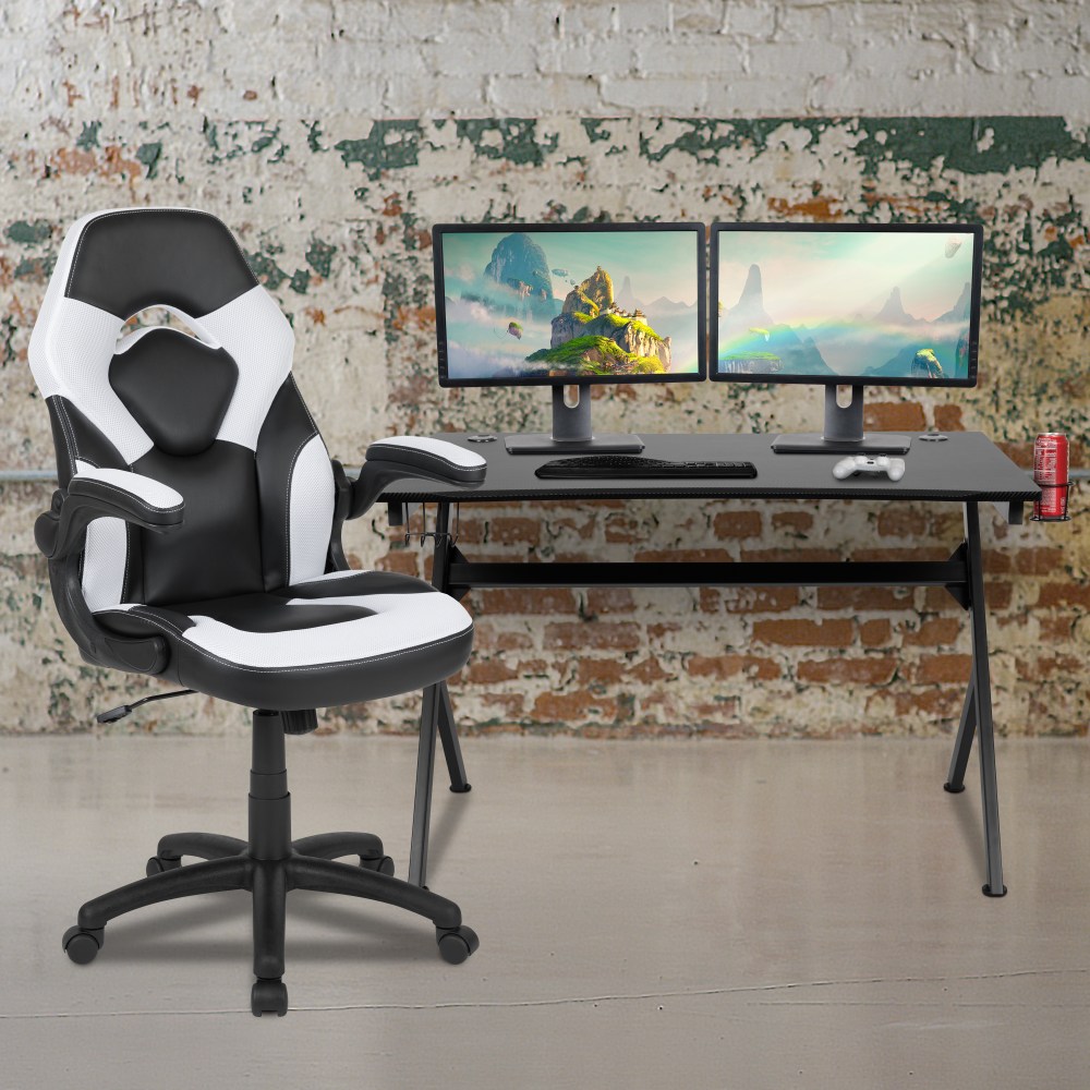 Flash Furniture Gaming Desk And Racing Chair Set With Cup Holder, Headphone Hook & 2 Wire Management Holes, White MPN:BLNX10D1904WH
