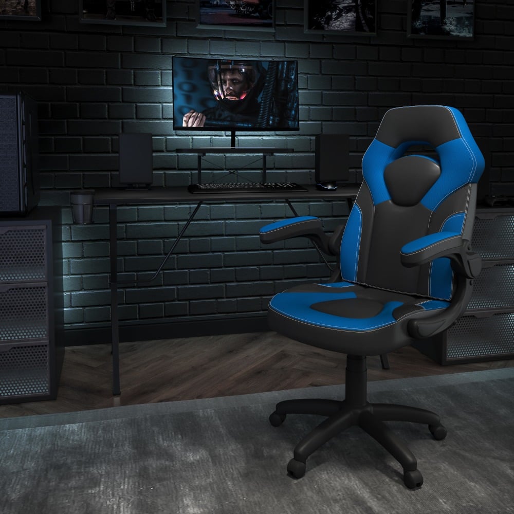 Flash Furniture Gaming Desk And Racing Chair Set With Cup Holder, Headphone Hook and Monitor/Smartphone Stand, Blue MPN:BLNX10RSG1031BL