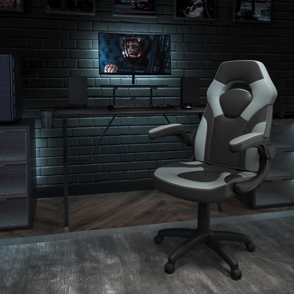 Flash Furniture Gaming Desk And Racing Chair Set With Cup Holder, Headphone Hook and Monitor/Smartphone Stand, Gray MPN:BLNX10RSG1031GY