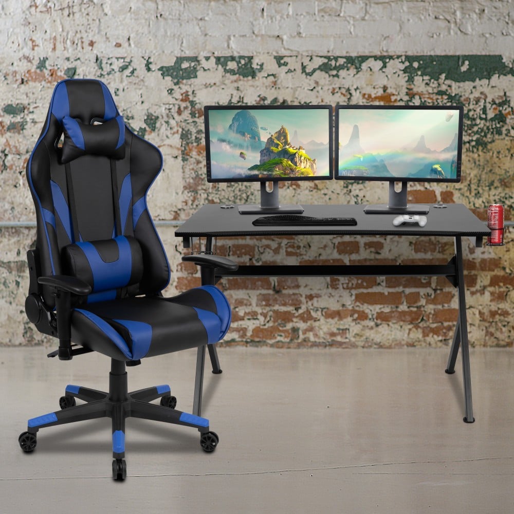 Flash Furniture Gaming Desk And Reclining Chair Set With Cup Holder, Headphone Hook & 2 Wire Management Holes, Blue MPN:BLNX20D1904BL