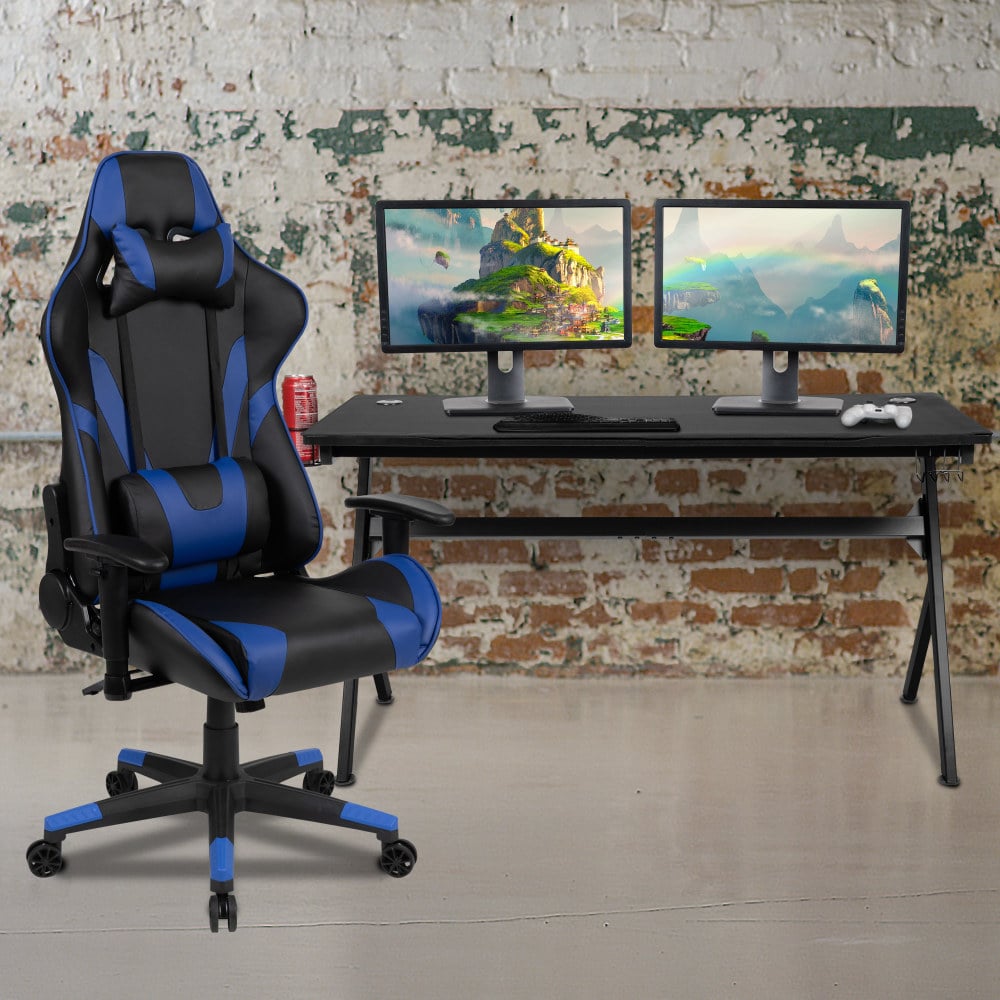 Flash Furniture Gaming Desk And Reclining Chair Set With Cup Holder, Headphone Hook & Removable Mouse Pad Top, Blue MPN:BLNX20D1904LBL