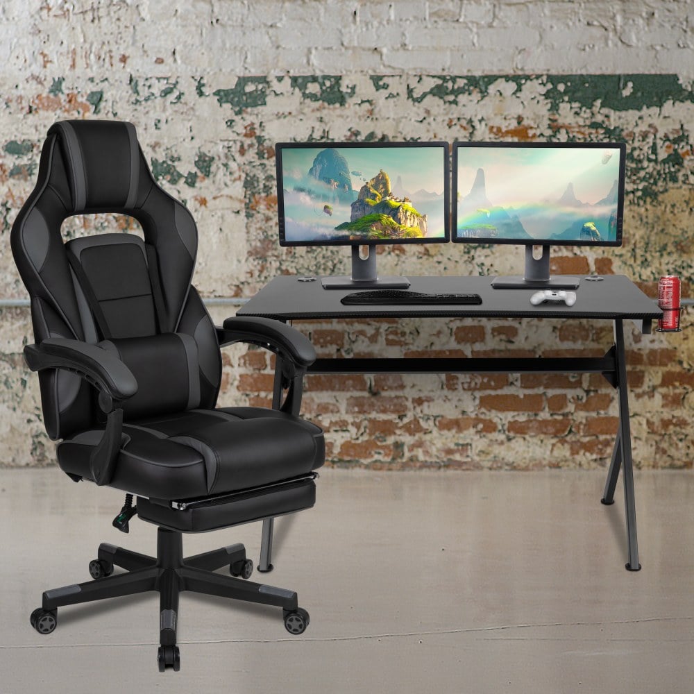 Flash Furniture Gaming Desk And Chair Set With Cup Holder, Headphone Hook, 2 Wire Management Grommets, Footrest & Reclining Back/Arms, Black MPN:BLNX40D1904BK