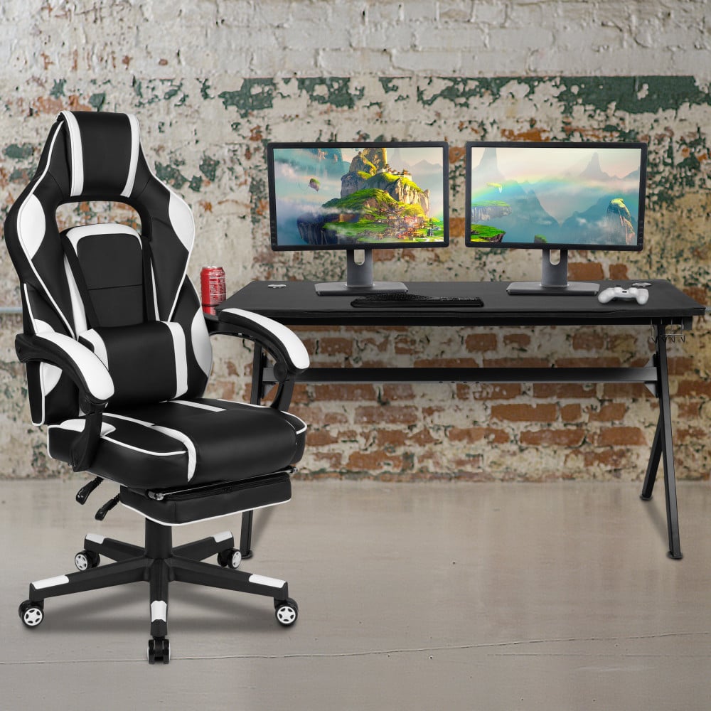 Flash Furniture Gaming Desk And Chair Set With Cup Holder, Headphone Hook, Removable Mousepad Top, Footrest & Reclining Back/Arms, White MPN:BLNX40D1904LWH