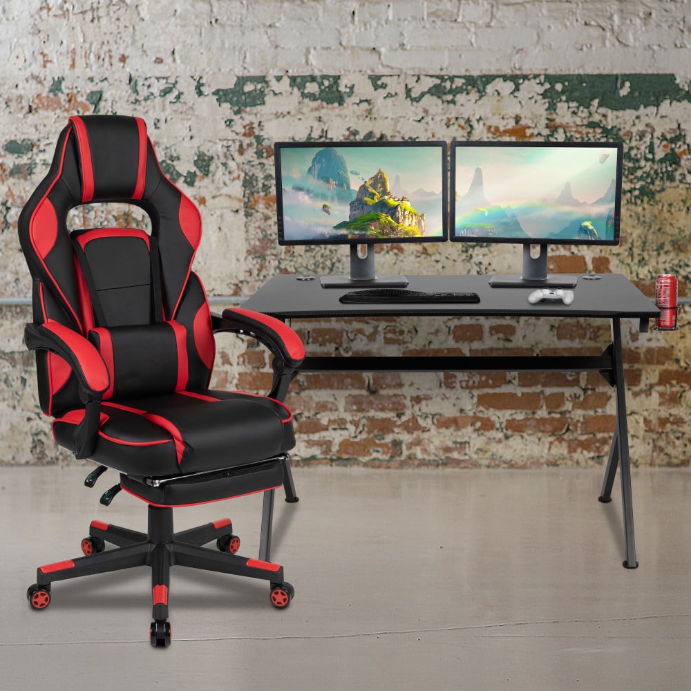 Flash Furniture Gaming Desk And Chair Set With Cup Holder, Headphone Hook, 2 Wire Management Grommets, Footrest & Reclining Back/Arms, Red MPN:BLNX40D1904RD