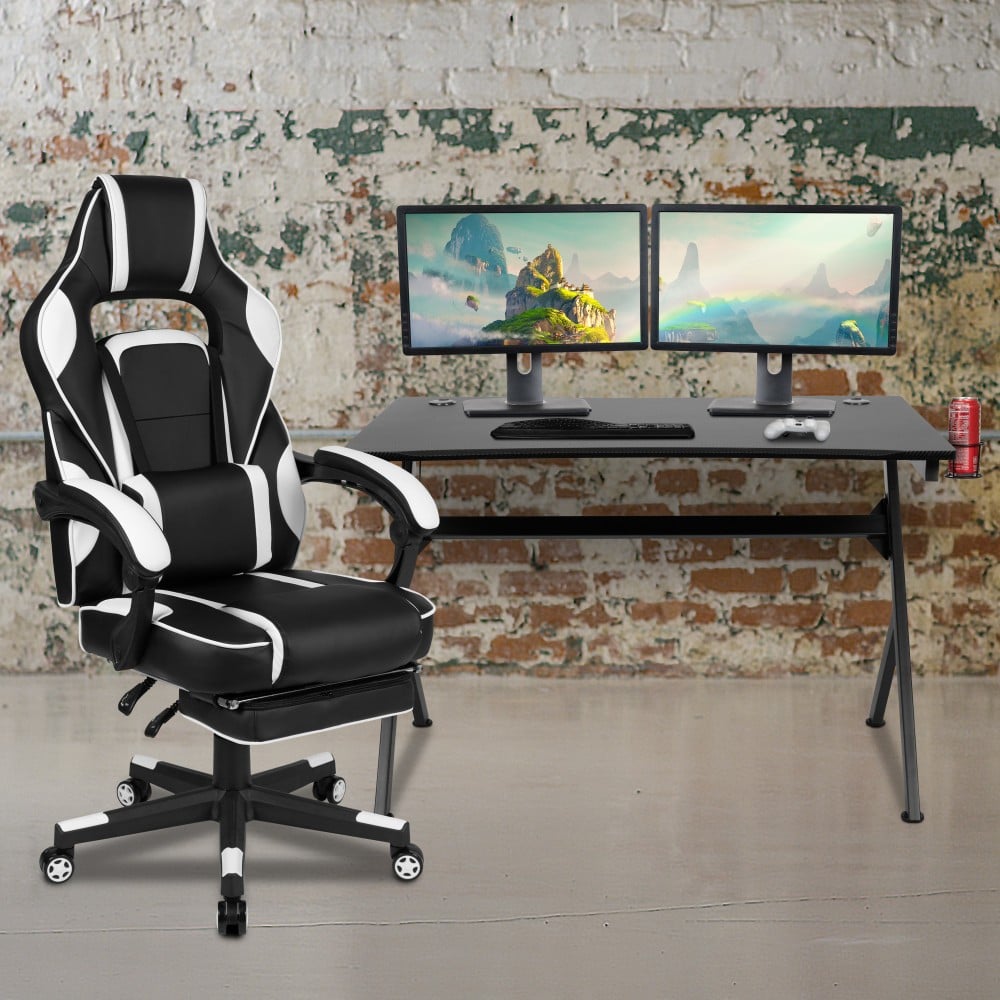 Flash Furniture Gaming Desk And Chair Set With Cup Holder, Headphone Hook, 2 Wire Management Grommets, Footrest & Reclining Back/Arms, White MPN:BLNX40D1904WH