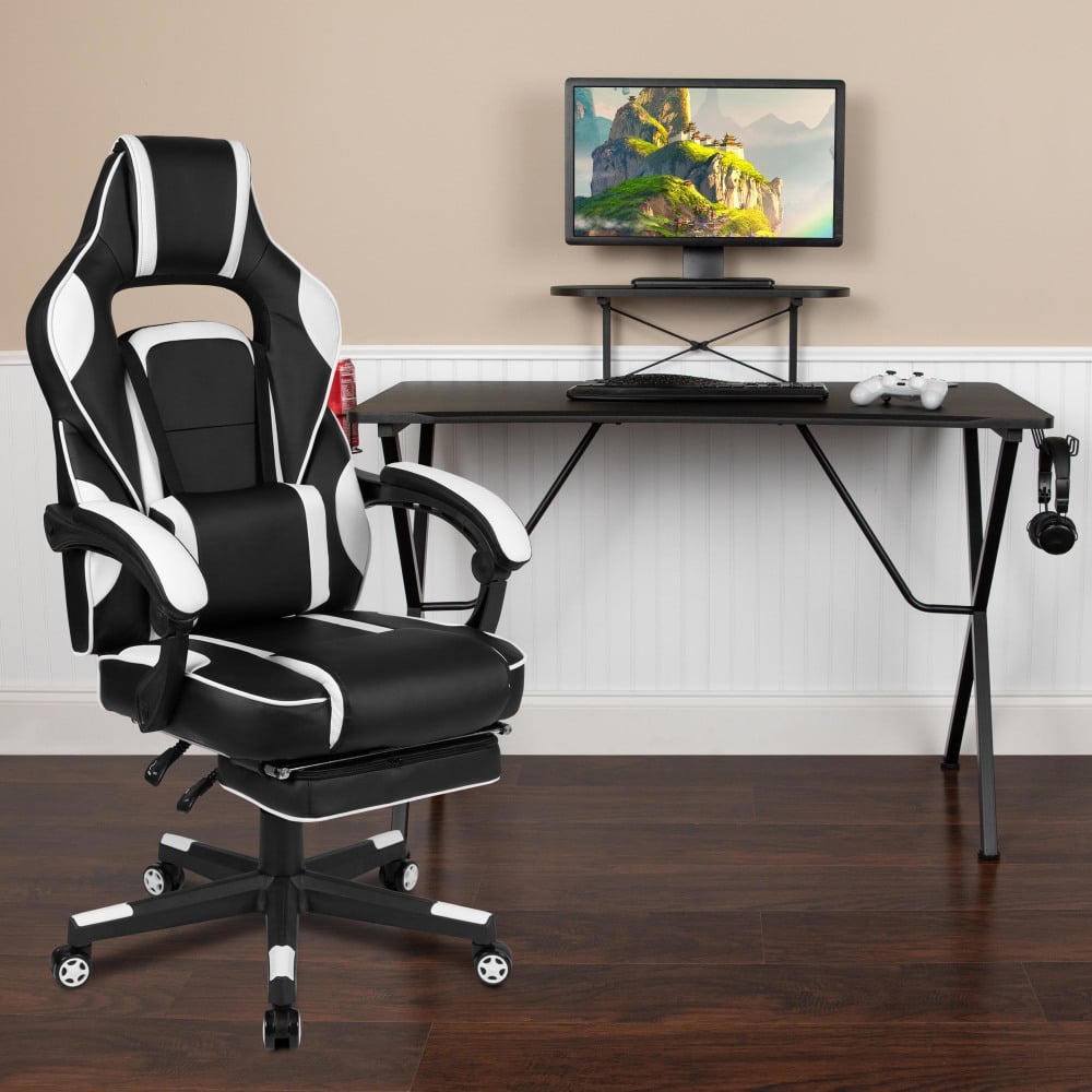 Flash Furniture Gaming Desk And Chair Set With Cup Holder, Headphone Hook, Monitor Stand, Footrest & Reclining Back/Arms, White MPN:BLNX40RSG1031WH