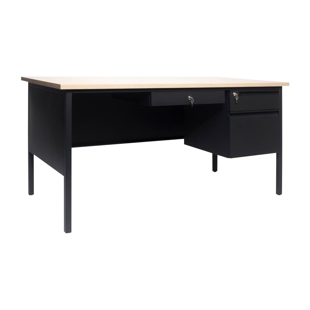 Flash Furniture Cambridge Commercial Grade Single Pedestal 60inW x 30inD Desk with Locking Drawers and Metal Frame, White Oak MPN:GCMBLK175WOK