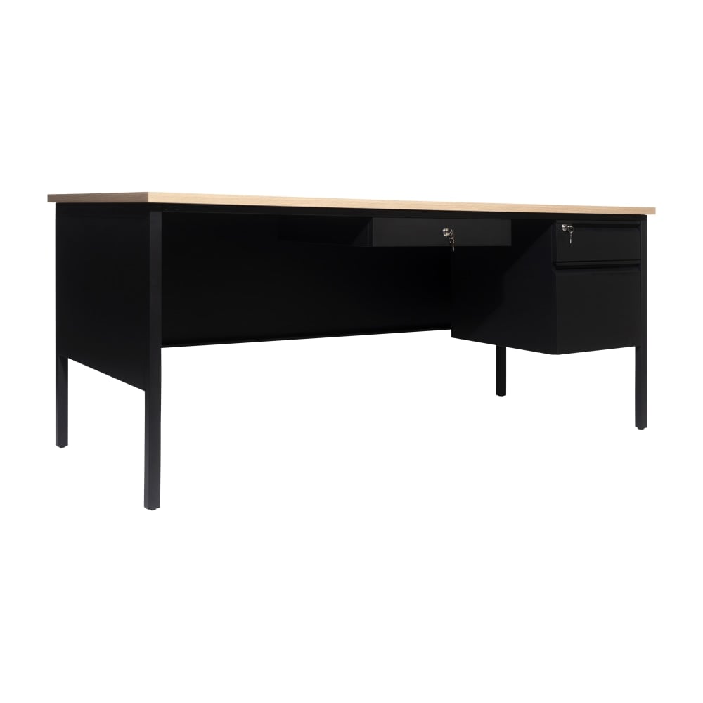 Flash Furniture Cambridge Commercial Grade Single Pedestal 70inW x 30inD Desk with Locking Drawers and Metal Frame, White Oak MPN:GCMBLK177WOK