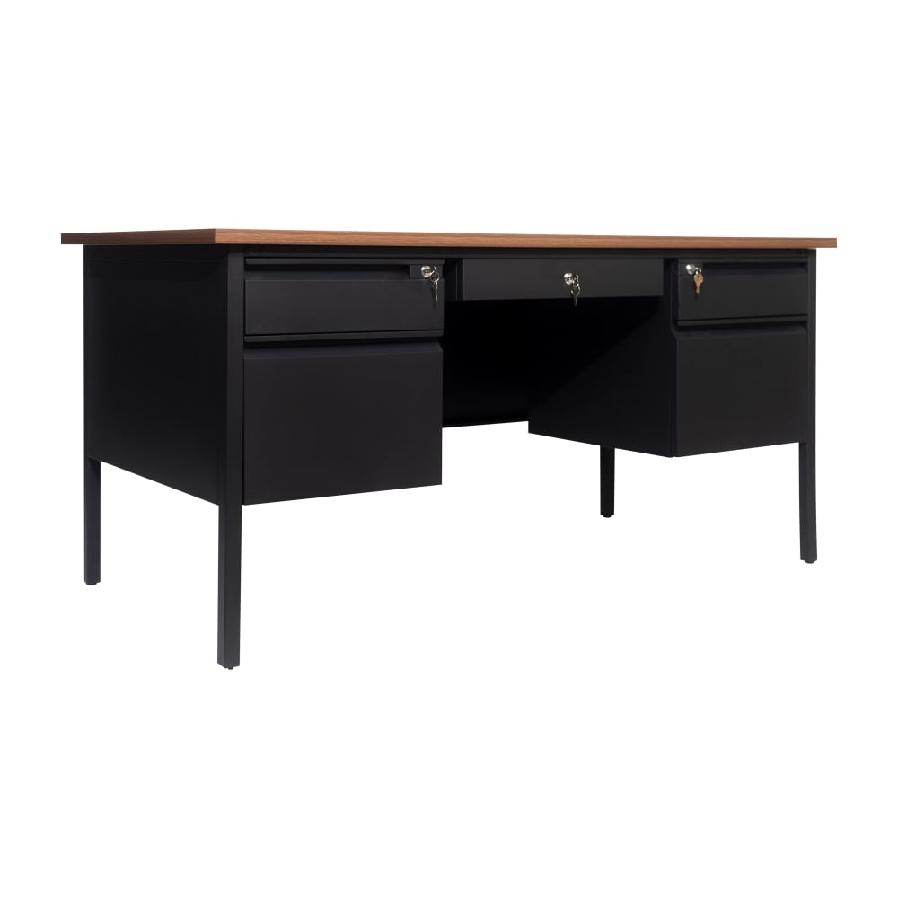Flash Furniture Cambridge Commercial Grade Double Pedestal 60inW x 30inD Desk with Locking Drawers and Metal Frame, Walnut MPN:GCMBLK179WLN