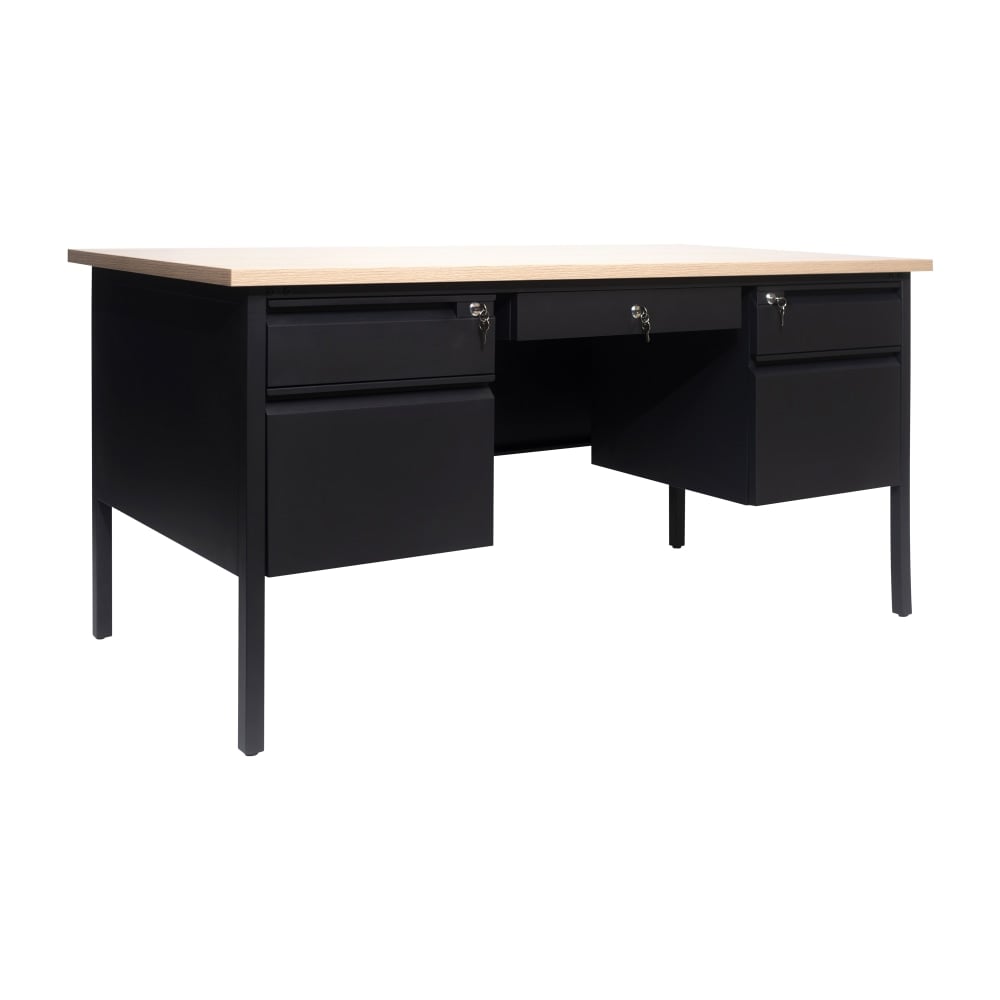 Flash Furniture Cambridge Commercial Grade Double Pedestal 60inW x 30inD Desk with Locking Drawers and Metal Frame, White Oak MPN:GCMBLK179WOK