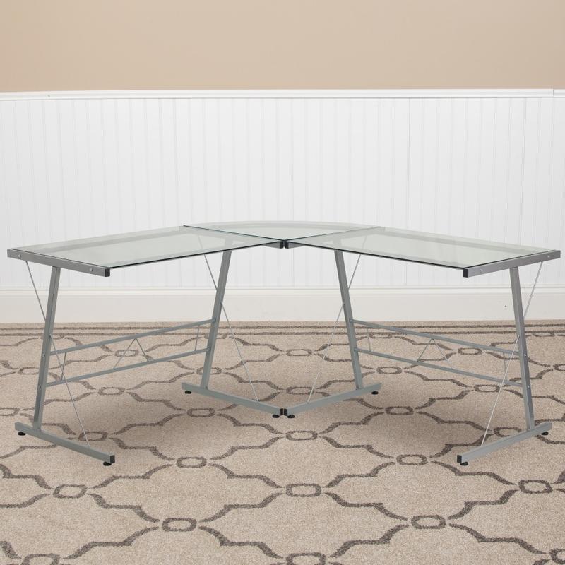 Flash Furniture 84inW Glass L-Shaped Corner Computer Desk With Metal Frame, Silver/Clear MPN:NAN-CD-22181-GG
