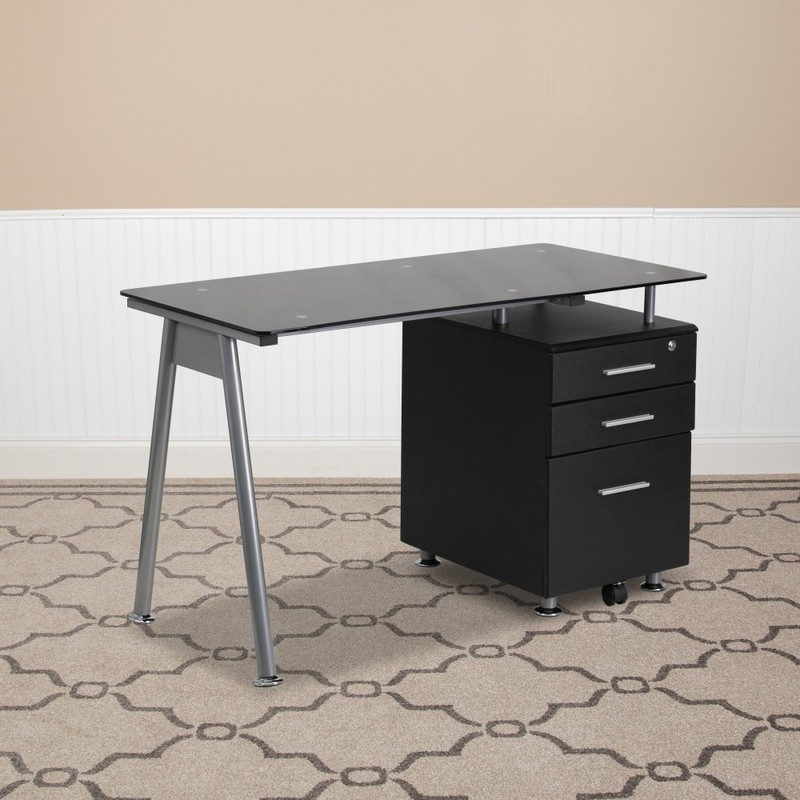 Flash Furniture 48inW Glass Computer Desk With 3- Drawer Pedestal, Black/Clear MPN:NAN-WK-021A-GG