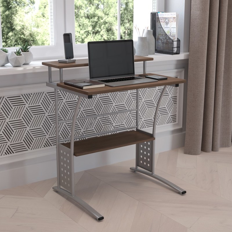 Flash Furniture 28inW Computer Desk With Storage Shelves, Rustic Walnut MPN:NANCLIFTONRU