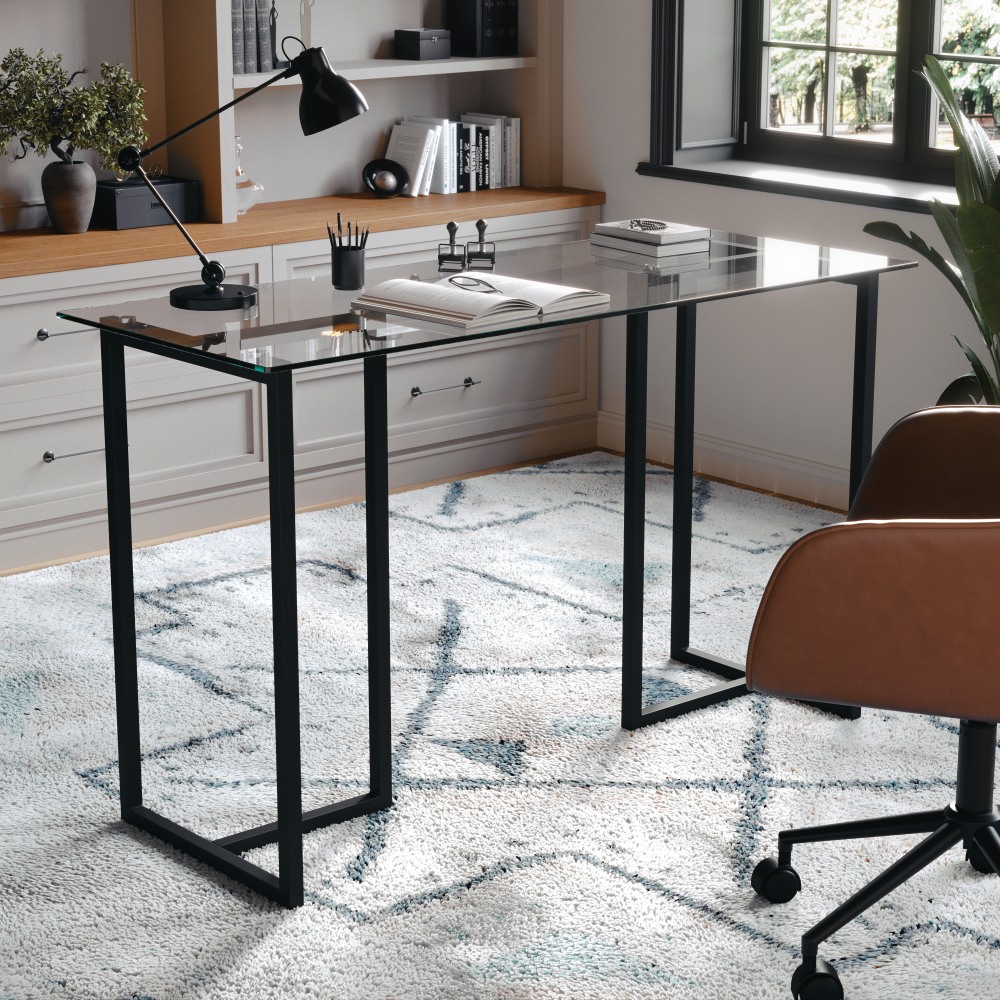 Martha Stewart Eli 47.25inW Home Office Glass Top Computer Desk With Metal Frame, Clear/Oil Rubbed Bronze MPN:XUDK1BK
